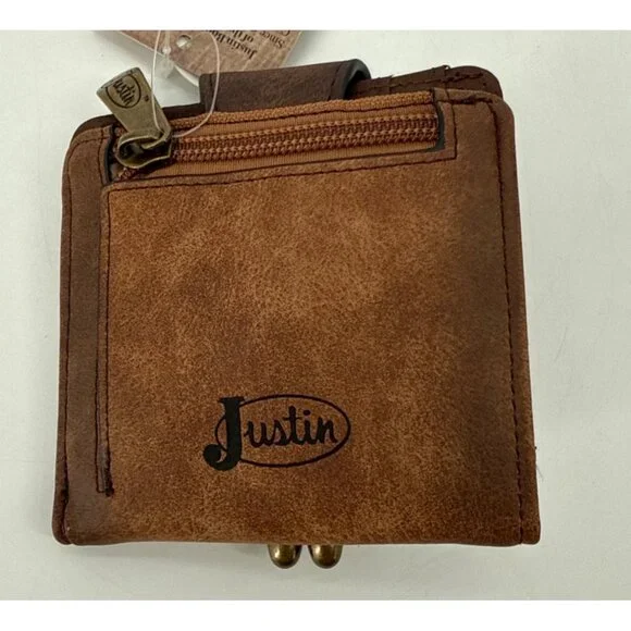 Justin Womens Wallet Bifold Metal Braided Vegan Leather Brown Western New - Picture 4 of 9